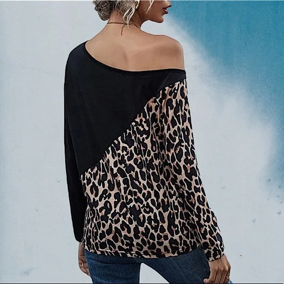 Asymmetric Leopard Color Block Long Sleeve Top - Picture 6 of 6